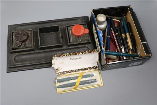 A quantity of mixed pens and inkstand